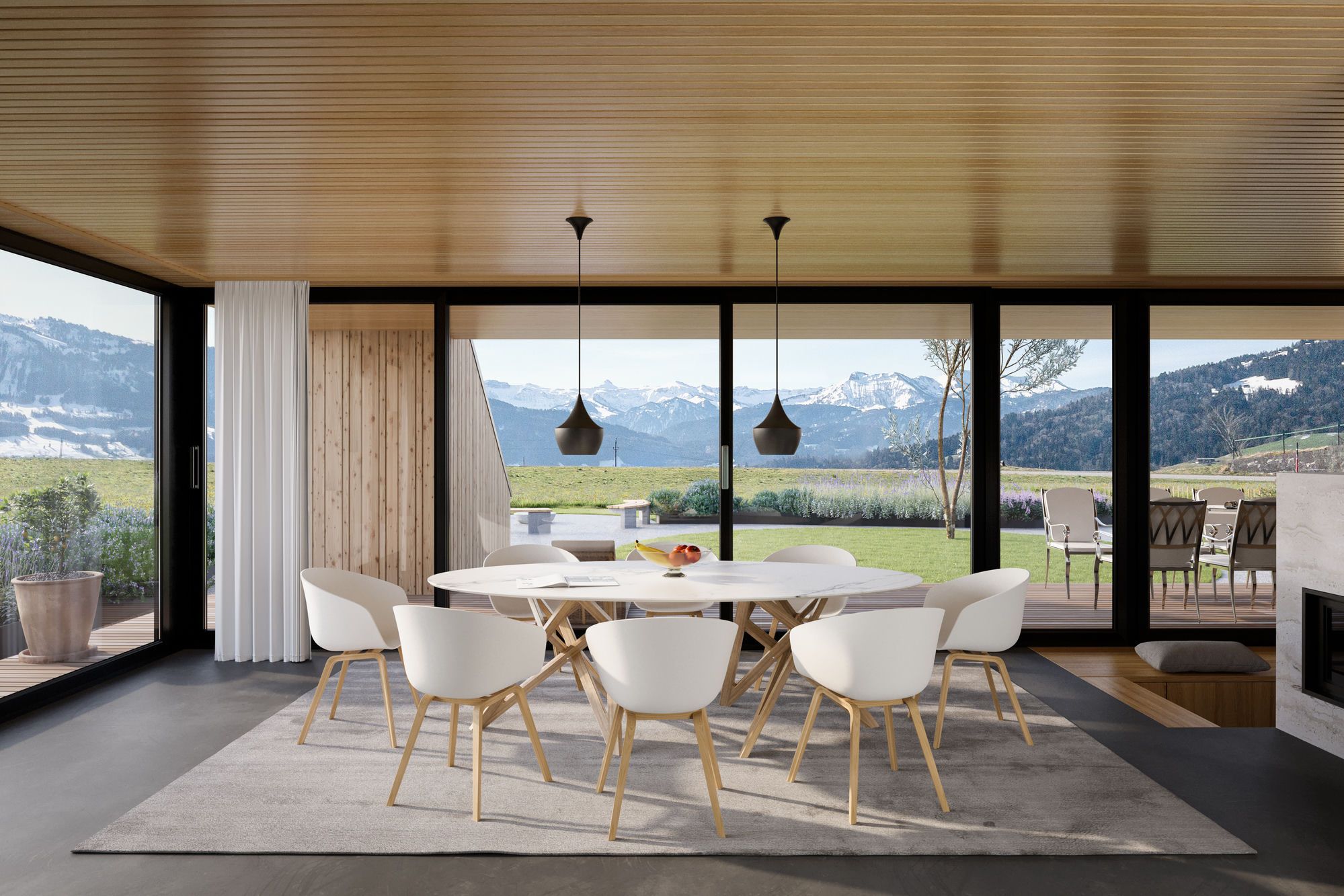 3D-Innenvisualisierung eines offenen Wohn-Essbereichs mit Panoramafenstern und Alpenblick — archVIZ Nussbaumer