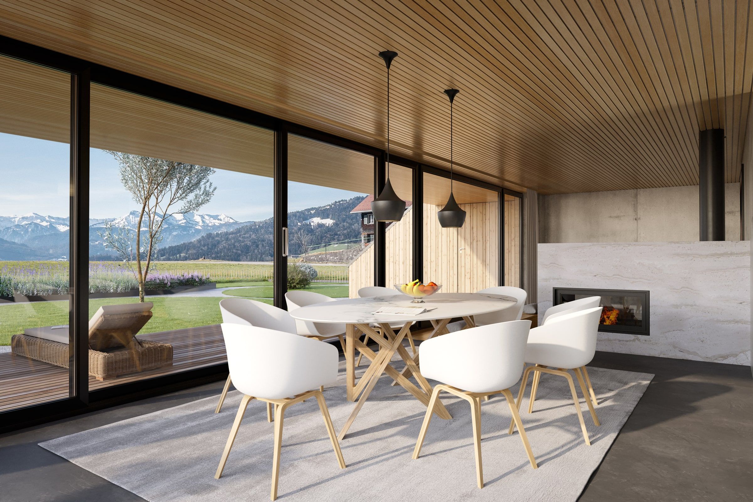 Fotorealistische Innenvisualisierung eines Esszimmers mit Holzlamellendecke und Bergpanorama — archVIZ Nussbaumer, Vorarlberg